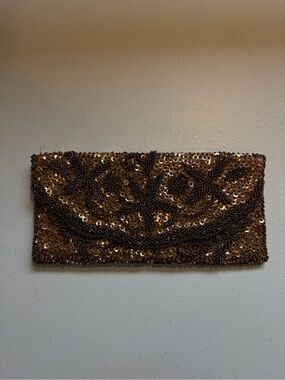 Vintage Beaded Sequin Clutch Brown Gold Floral Evening Bag Art Deco Handbag 70s